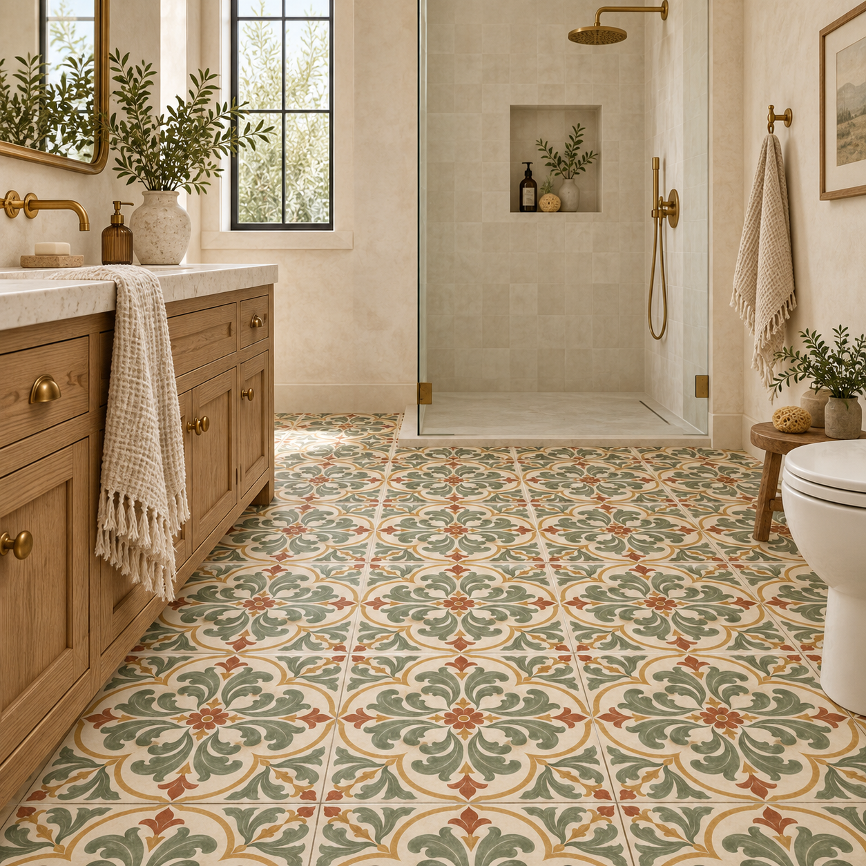 AI visualization of Bellecour Sage square tiles on a dry bathroom floor with oak vanity