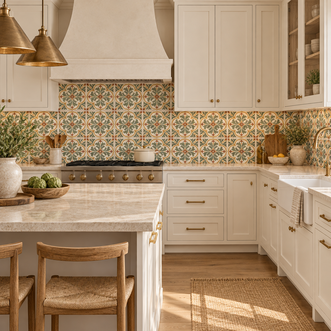 AI visualization of Bellecour Sage square tile in a cream kitchen backsplash