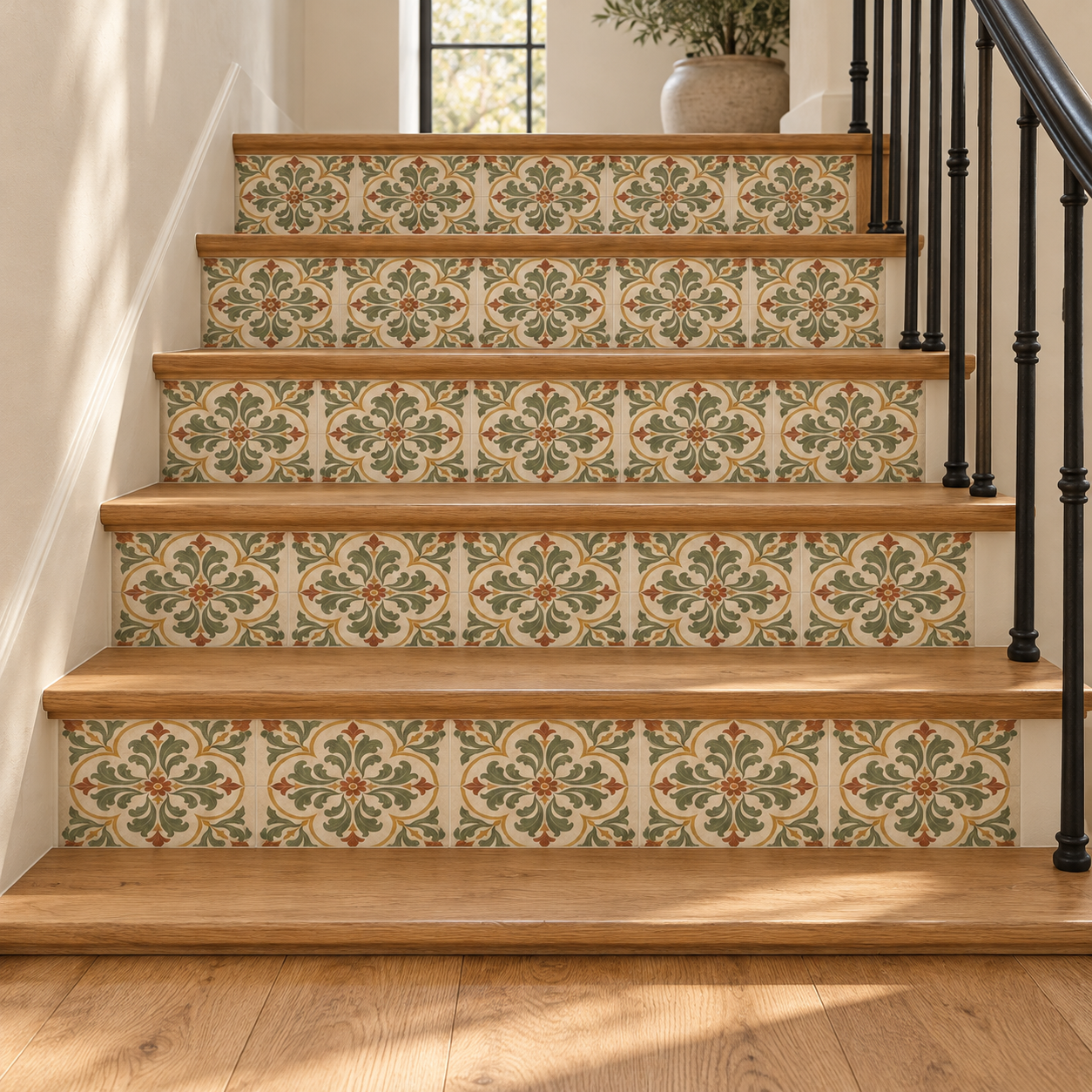 AI visualization of Bellecour Sage square tiles on vertical stair risers with oak treads