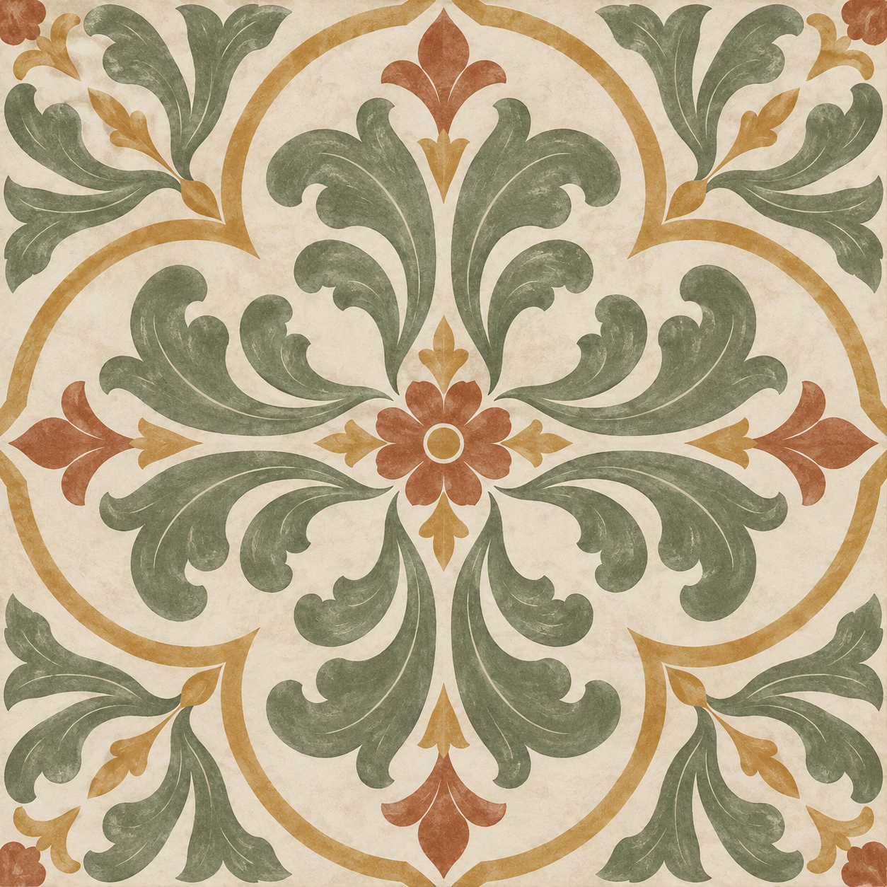Bellecour Sage single square tile with sage acanthus leaves, terracotta floral center and ochre quatrefoil on warm ivory