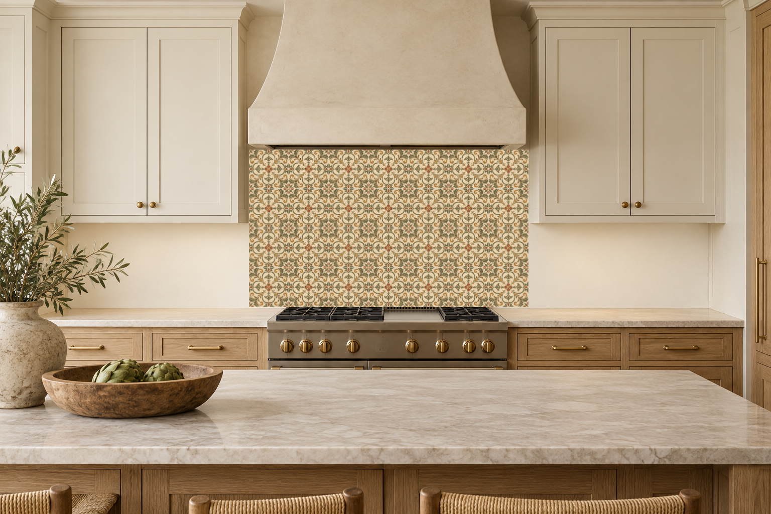 Chianti Rosetta CR01 kitchen backsplash mockup with cream cabinets and a plaster range hood