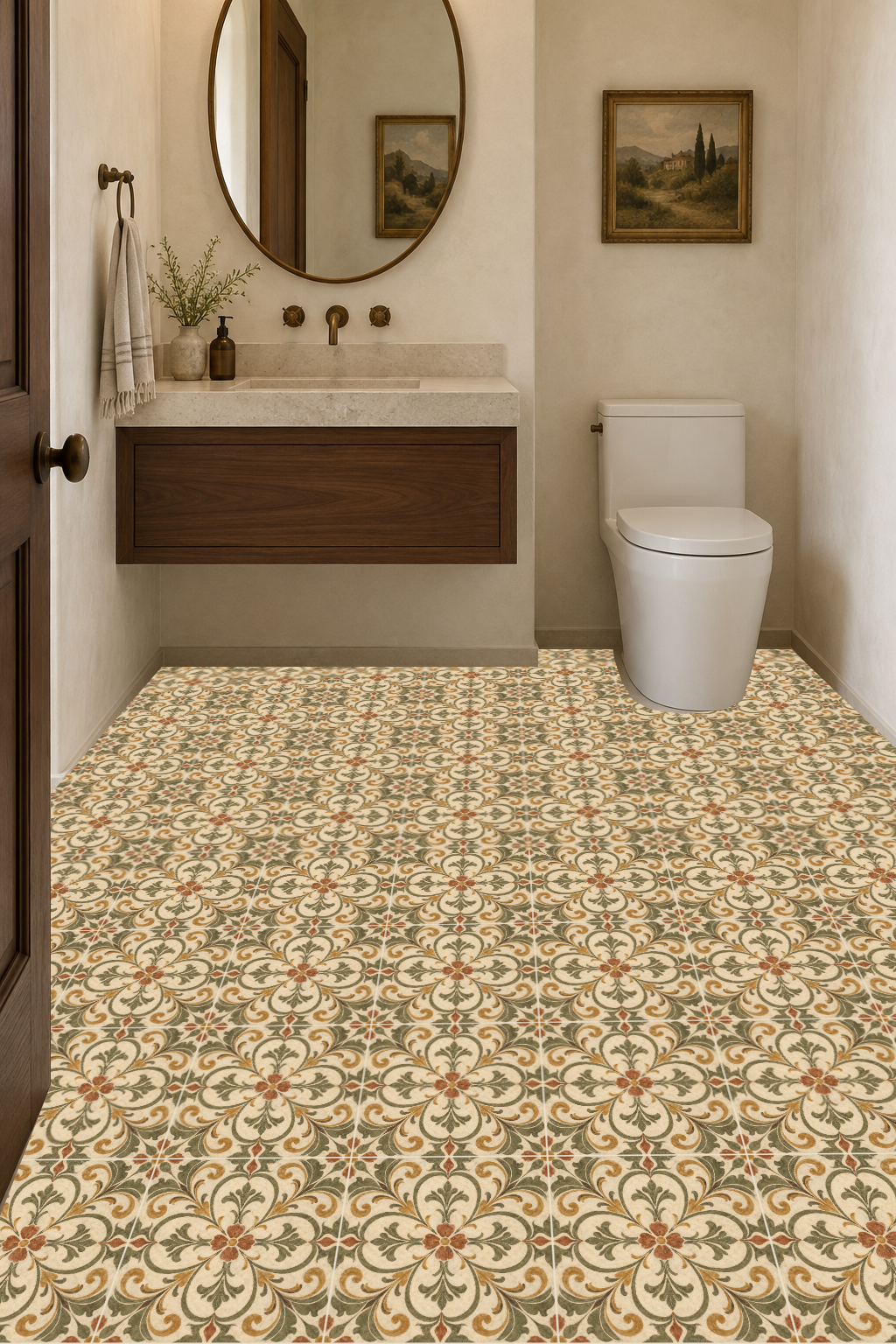 Chianti Rosetta CR01 dry powder-room floor mockup with walnut vanity and bronze fixtures