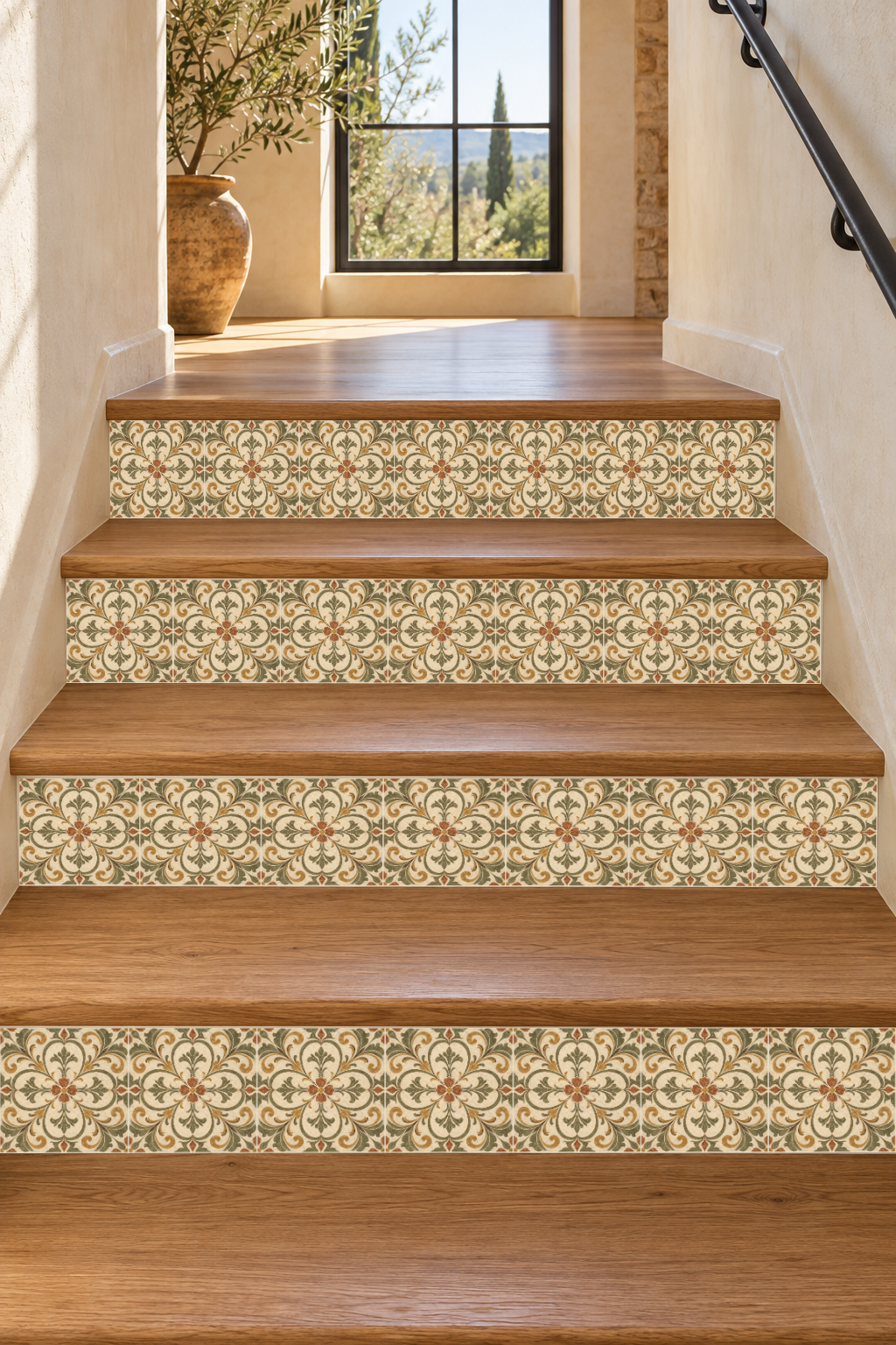 Chianti Rosetta CR01 vertical stair-riser mockup with plain oak treads