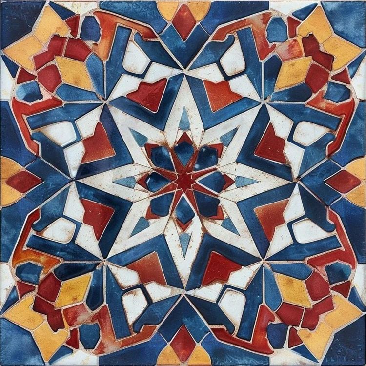 Marrakesh Ember Star Moroccan-style ceramic tile, design, intricate geometric inspired shapes, hand-painted look, rich Mediterranean kitchen